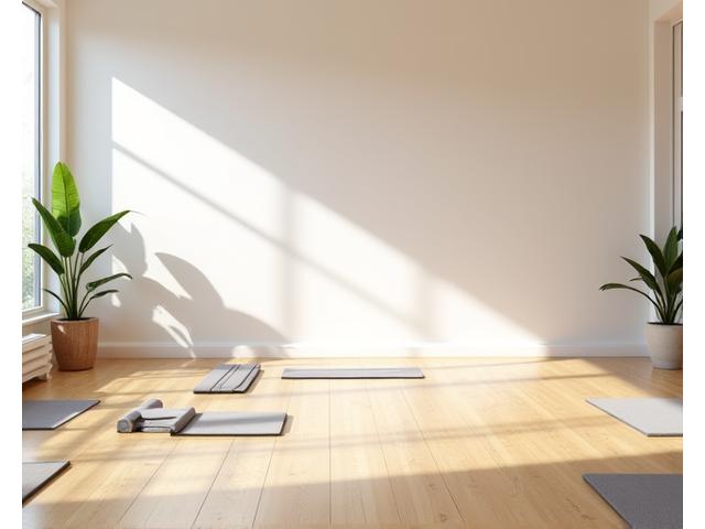 La salle de yoga principale (shala) avec parquet en bois