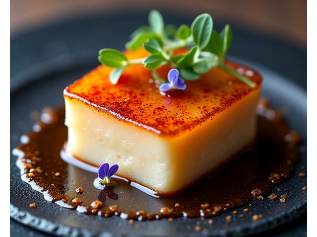 Tranche de foie gras poêlé garnie d'épices japonaises et d'une réduction de saké, présentée sur une ardoise chic.