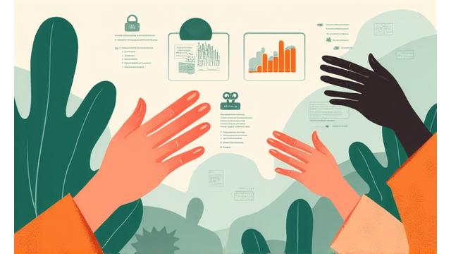 Illustration montrant des mains manipulant des données de manière éthique, avec des graphiques et des icônes de protection.