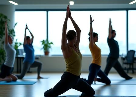 Employés participant à une séance de yoga en entreprise dans un bureau moderne