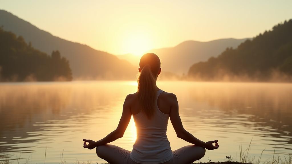 Zen woman meditating in nature, representing peace and balance.